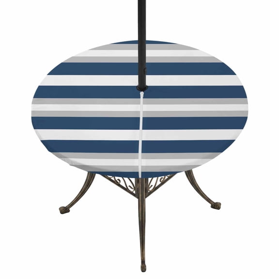 Round Outdoor Tablecloth with Umbrella Hole and Zipper, Navy Blue Grey Stripe Tablecloth with Elastic Waterproof, Minimalist Farmhouse Striped Patio Table Covers for 45" - 54" Picnic Pool Tables