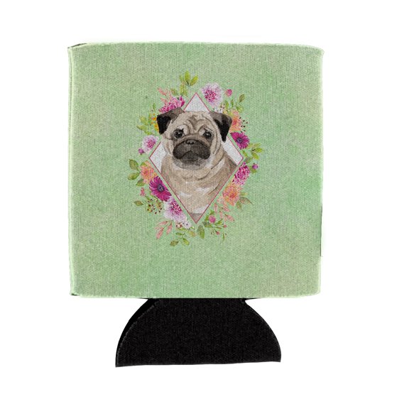 Fawn Pug Green Flowers Can or Bottle Hugger