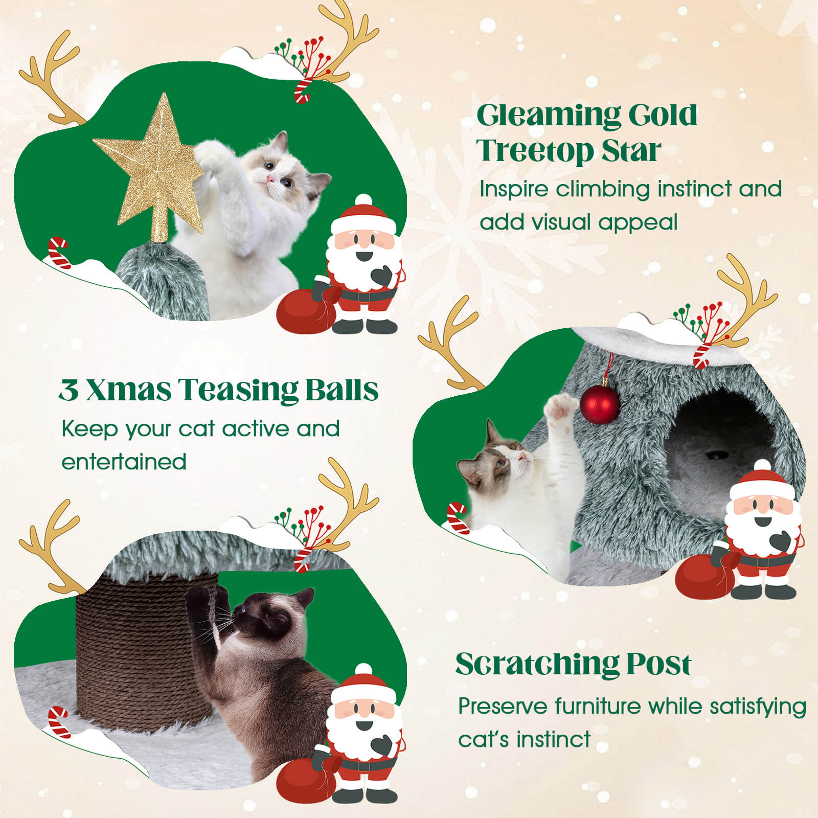 Costway 48.5” Christmas Cat Tree for Indoor Cats with 2 Large Condos, Scratching Post