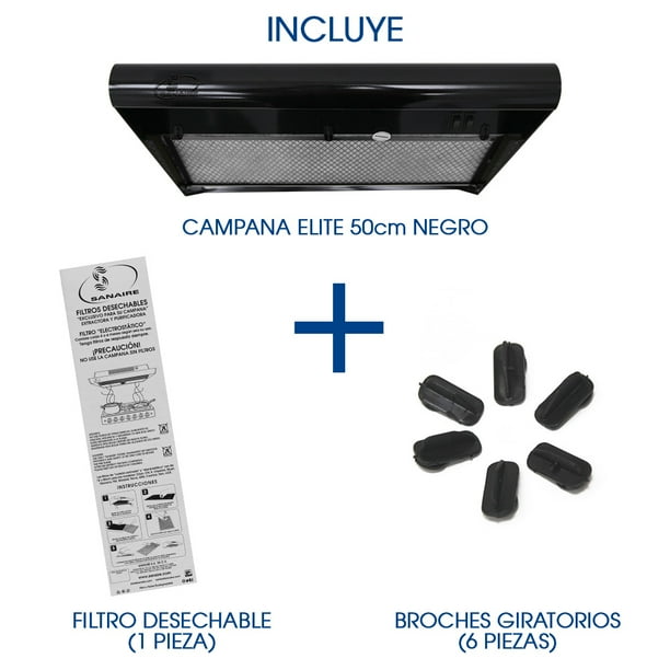 COMBO CAMPANA ELITE 50CM NEGRO CON FILTRO ATRAPAGRASA EXTRA Y BOLSITA DE BROCHES DE REPUESTO SANAIRE SANAIRE COMB-ELI50NE-FILDES-BROSTD