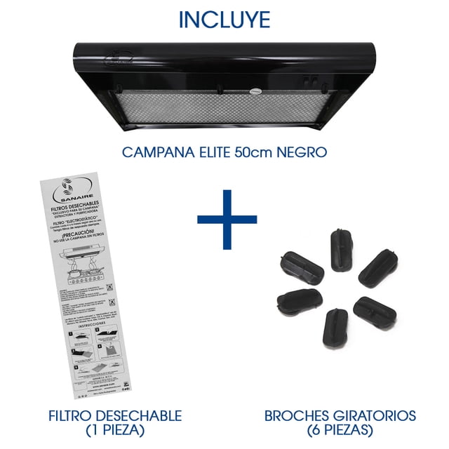 COMBO CAMPANA ELITE 50CM NEGRO CON FILTRO ATRAPAGRASA EXTRA Y BOLSITA DE BROCHES DE REPUESTO SANAIRE SANAIRE COMB-ELI50NE-FILDES-BROSTD