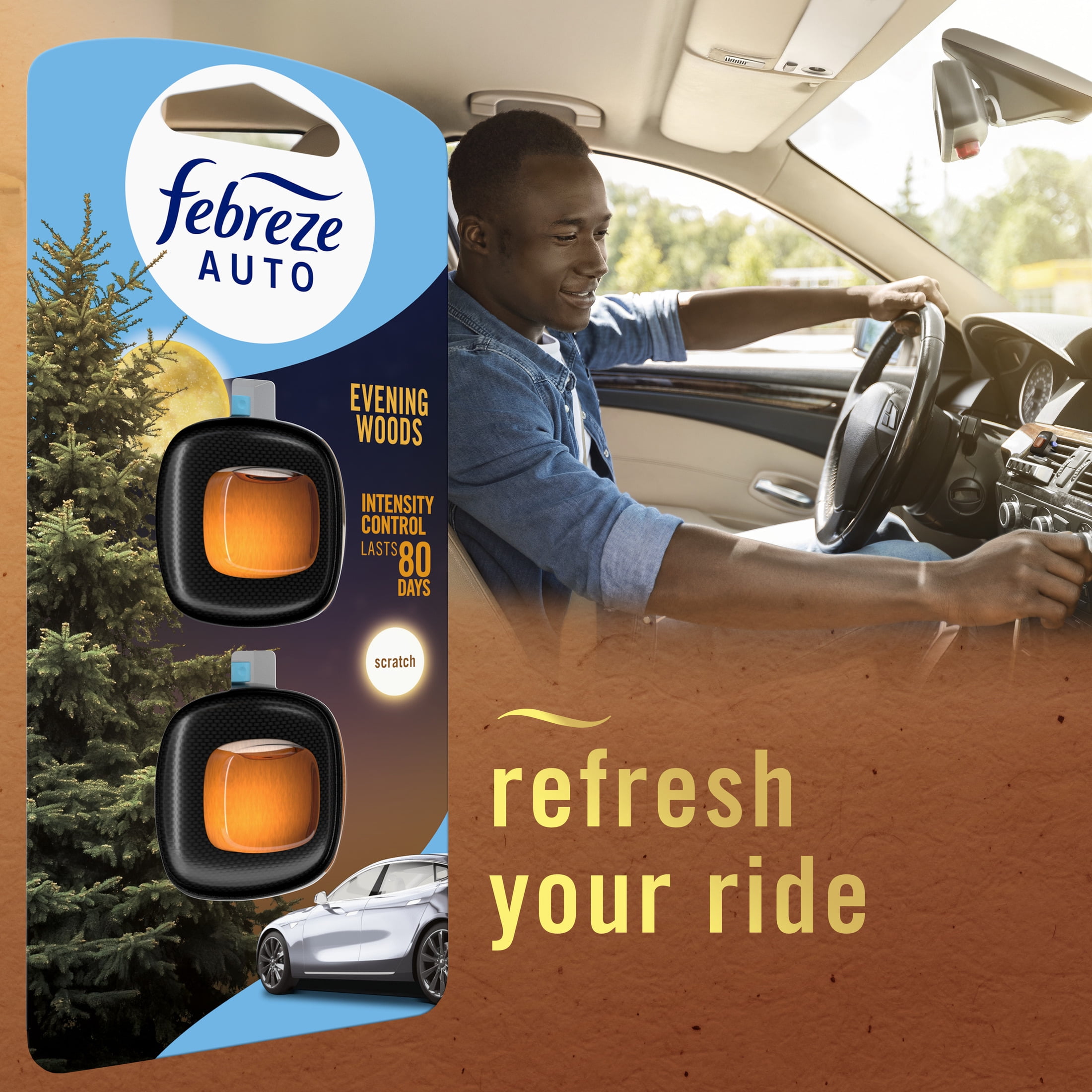 (2 pack) Febreze AUTO Car Air Freshener, Odor-Fighting Car Vent Clip, Evening Woods, 2 Count