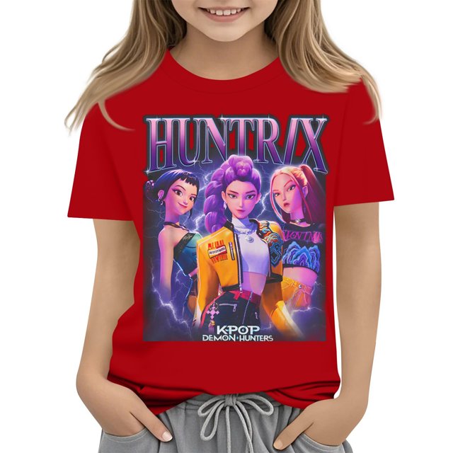 Moonsky Camisetas pop Hunt-ers de manga corta, jersey con estampado HUNTR/X, camisetas de verano, camisetas casuales holgadas para niñas, ropa gráfica,Rojo,100