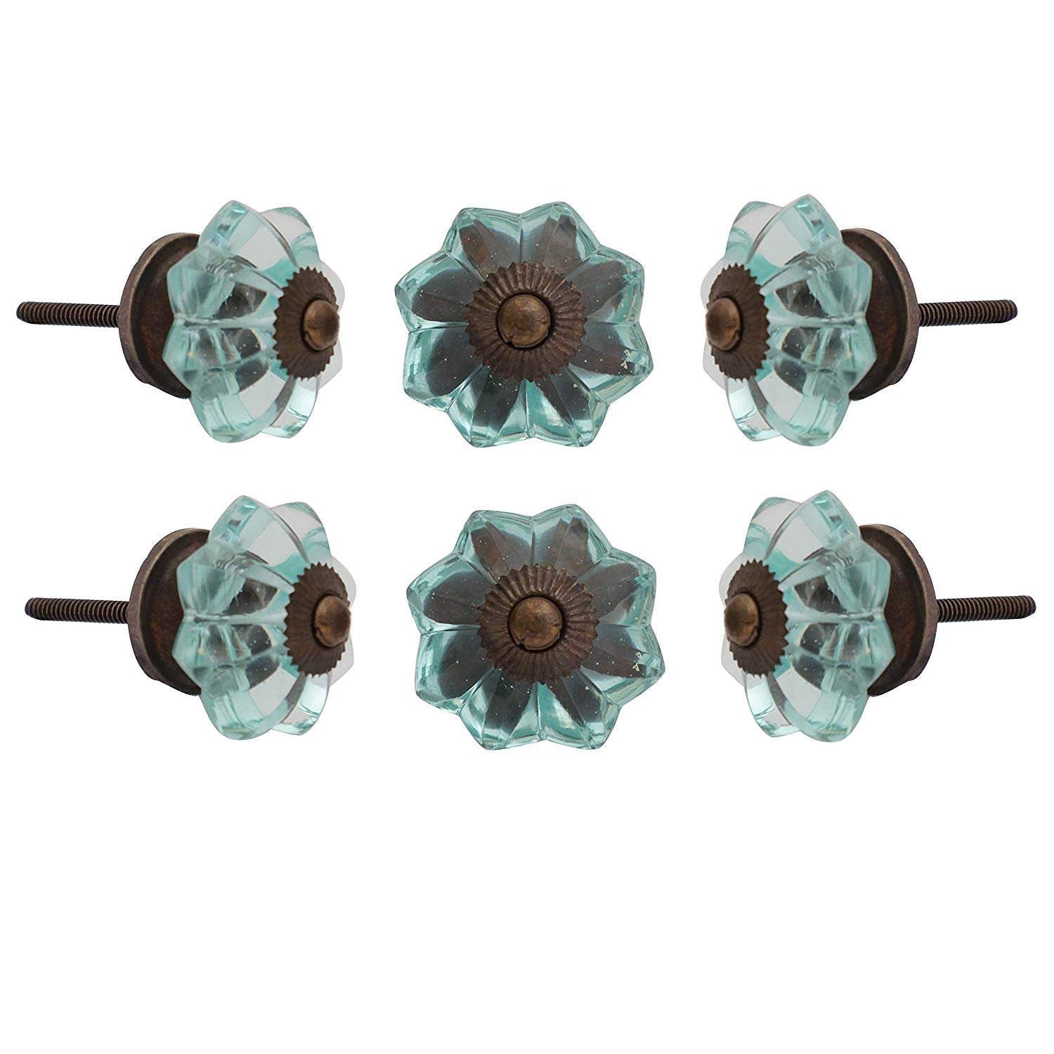 Set Of Six Light Blue Melon Glass Knobs
