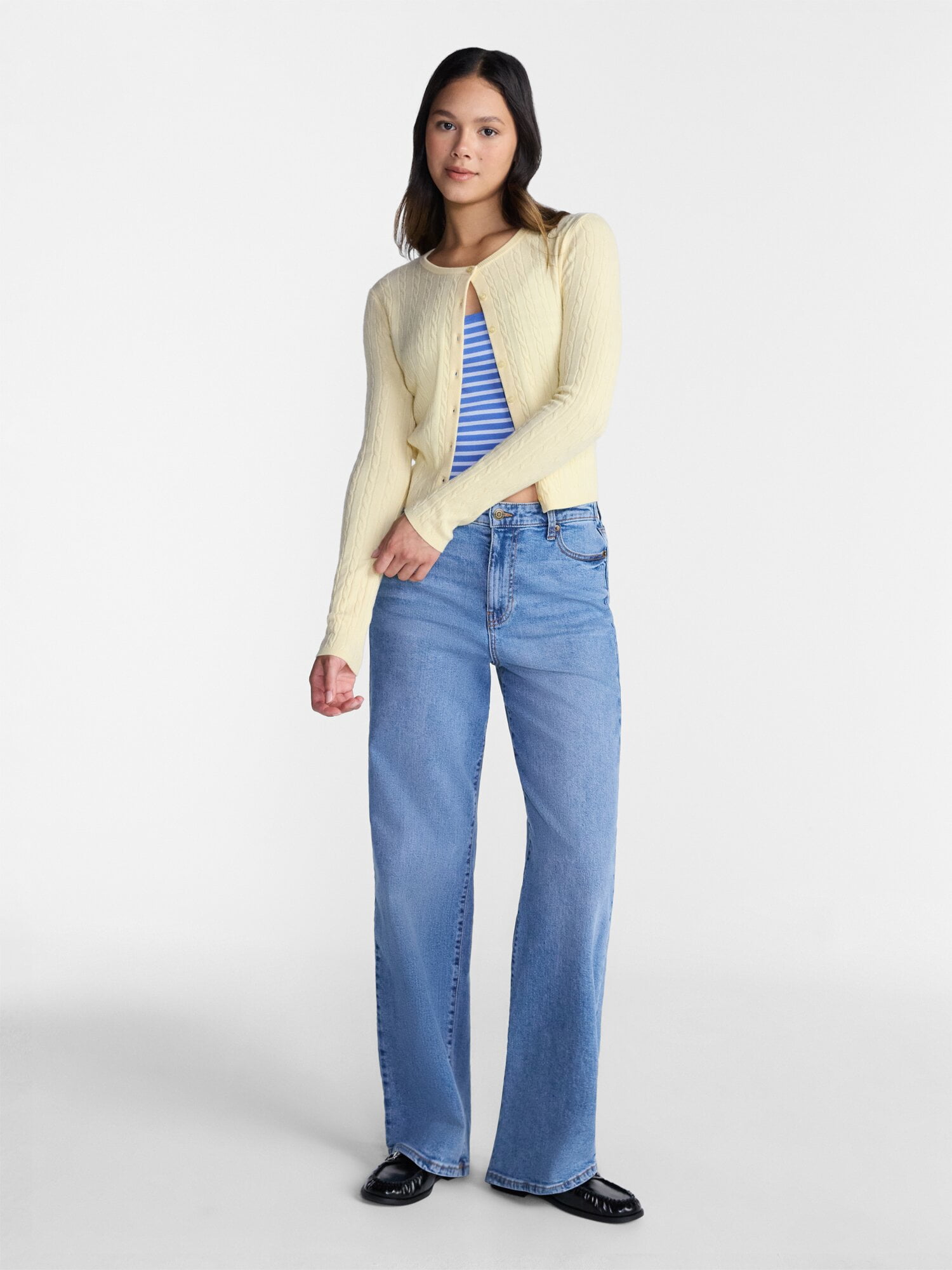No Boundaries Cable Knit Crewneck Cardigan, Women's XXS-4X