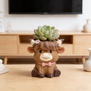 Highland Cow Planter, Cute Resin Flower Pot Ornament with Holder, Desktop Home Decor Figurine for Shelf Desk Mantelpiece and Garden Decoration