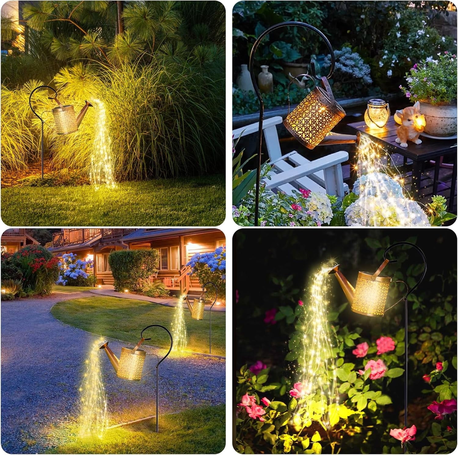 Solar Kettle Shower Lamp, Wrought Iron Outdoor Garden Light with Warm White LED String Lights, Watering Can Design Solar Powered Decorative Light for Patio, Yard and Party