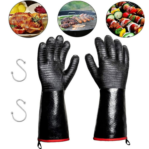 BBQ Gloves - 1472°F Thicken Heat Resistant Gloves w/S-Hook 14 in Kitchen Oven Mitts Waterproof Grill Gloves Oil Resistant Grilling Gloves Cooking Gloves for Turkey Fryer/Baking/Oven/Smoker