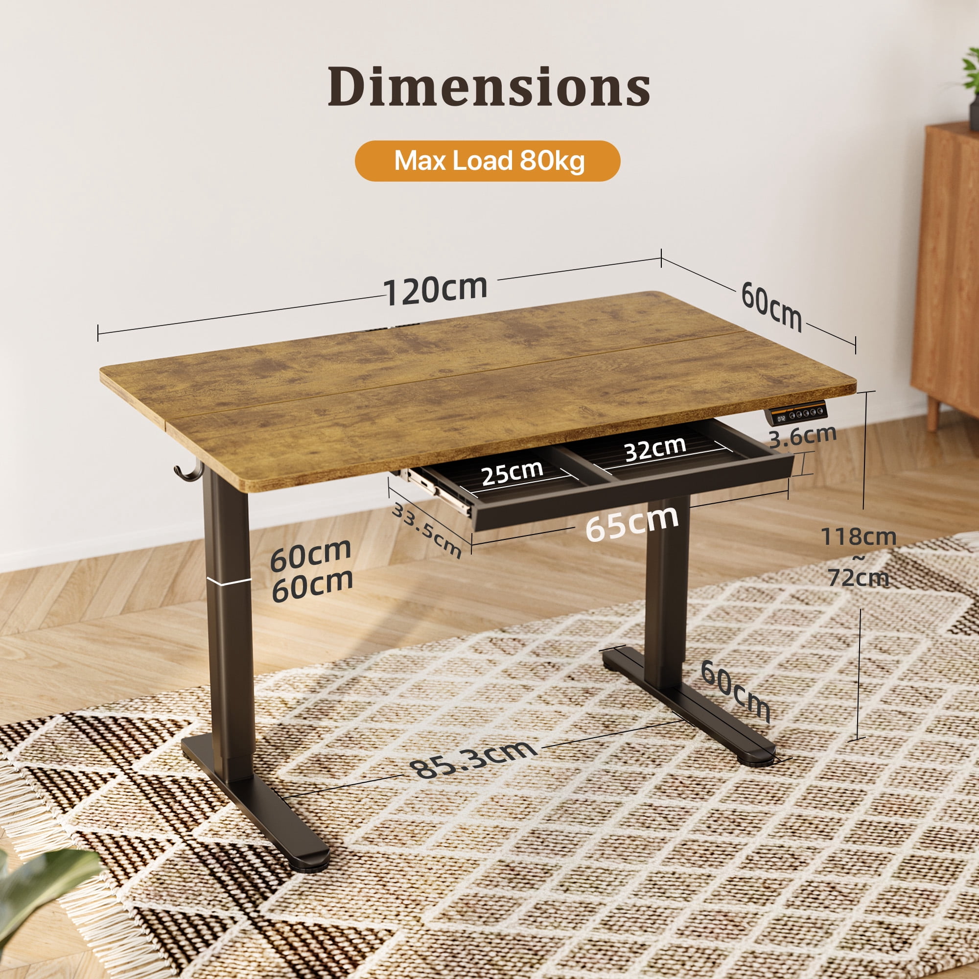 INNOVAR Standing Desk with Drawers, 48 x 24 inches Electric Standing Desk Adjustablei Height, Sit to Stand up Desks Computer Workstation, Rustic Brown
