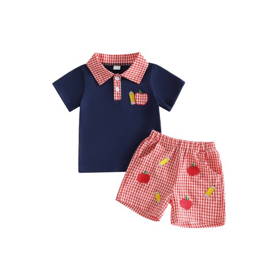BemeyourBBs Toddler Baby Boy Back To School Outfit Kids Boys Kindergarten Outfits Baby Boy Summer Clothes Pencil Apple Embroidered Plaid Button Collared Short Sleeve Shirt and Pockets Shorts Set
