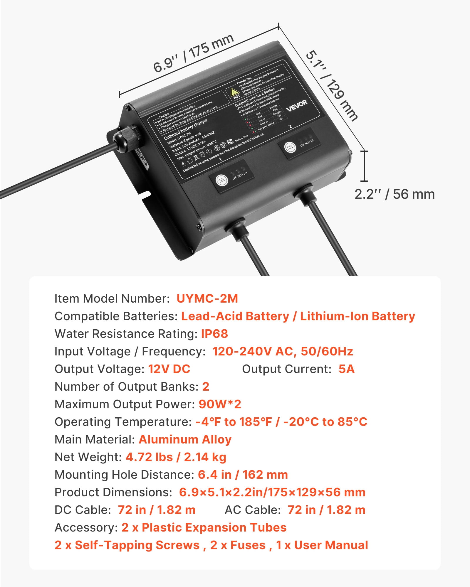 VEVOR Marine Battery Charger, 2-Bank, 5A 12V Onboard Boat Charger, IP68 Waterproof Smart On-Board Battery Charger, for Lithium-Ion (LiFePO4), NCM, Lead-Acid Batteries, Large Boat, Yacht,RV,Trailer