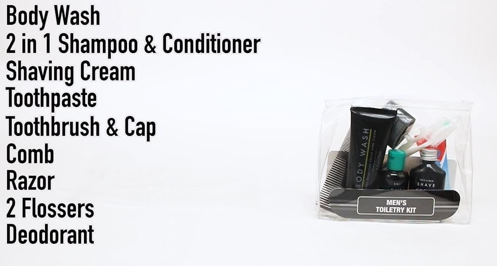 25 Pack of Bulk Wholesale 13 Piece Travel Size Hygiene Toiletry Kits Containing Shampoo, Conditioner, Body Wash, Toothbrush, Toothpaste, Deodorant, Hair Comb & More for Homeless Charity Donation