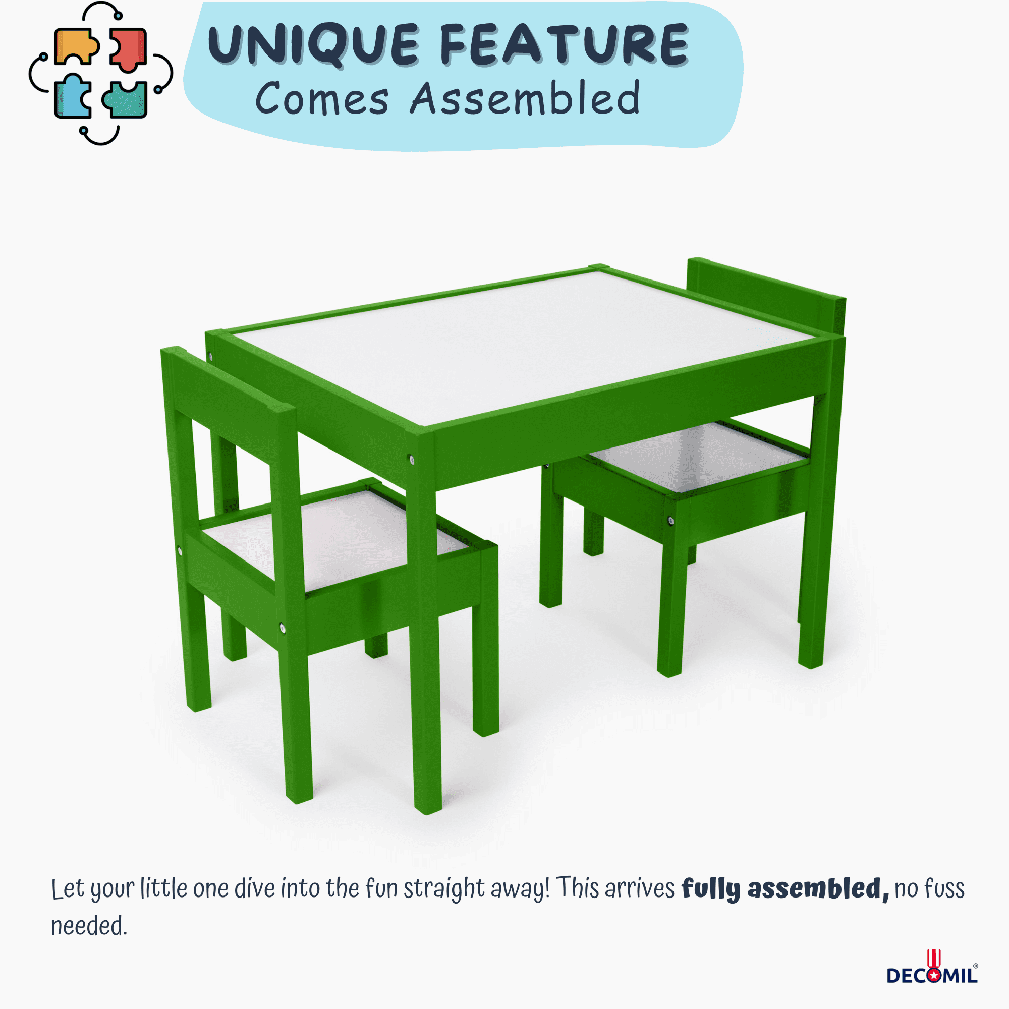 DECOMIL Kids 3-Piece Wooden Activity Table and Chair Set, Green