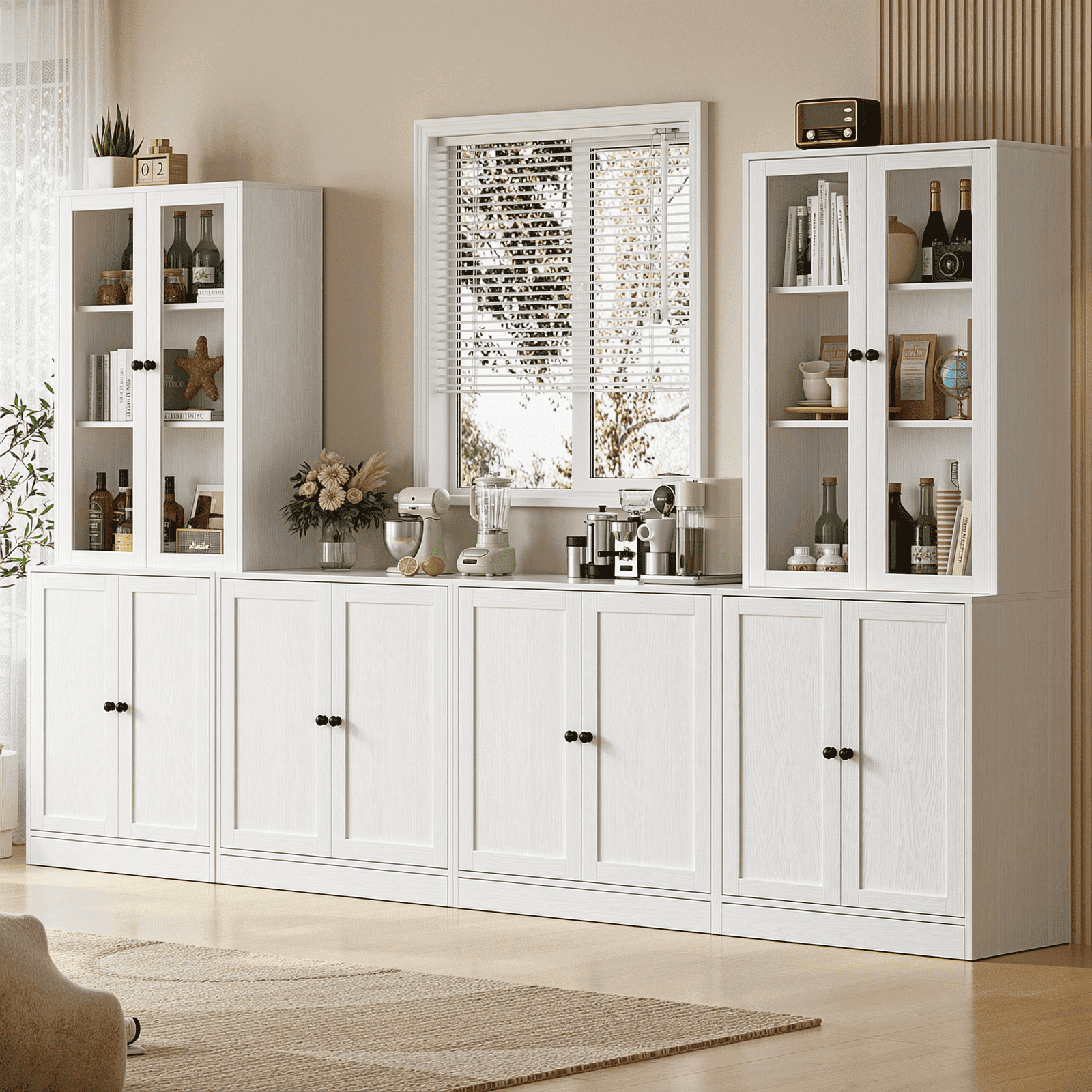 RichYa 4Pcs Kitchen Pantry Storage Cabinet,Modular Furniture Cabinets with Display Glass Doors,Hutch Buffet Cabinet with Shelves for Dining Room,White
