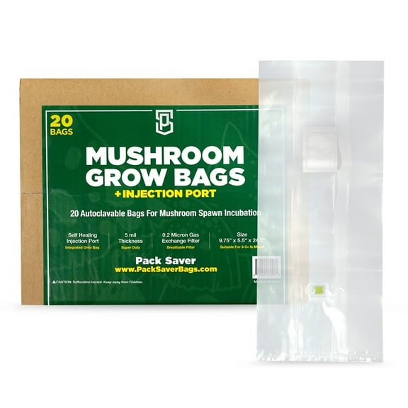 Pack Saver Mushroom Grow Bags, Autoclavable and Sterile, Self-Healing Injection Port, Breathable Exchange Filter, 20 count