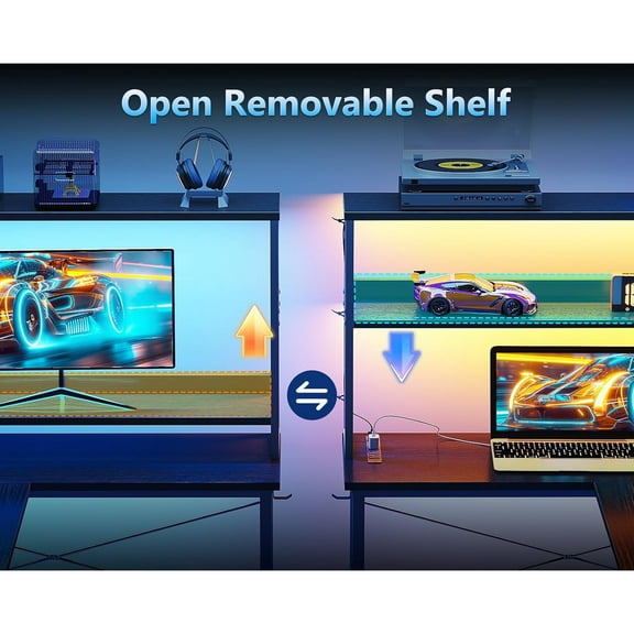 Gaming Desk with Power Outlets & LED Lights, 43 Inch Reversible L Shaped Computer Desk with Shelves & Storage Bag, Corner Desk for Home Office, Black