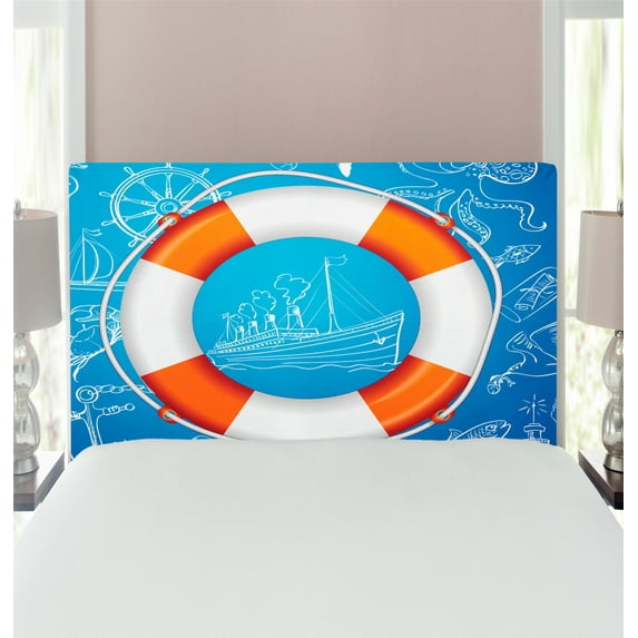 Coastal Headboard, Image Background with Palm Tree Island Octopus Seahorse Lighthouse, Upholstered Decorative Metal Bed Headboard with Memory Foam, Twin Size, Blue Orange White, by Ambesonne