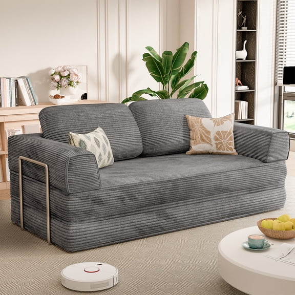 Homall 4 in 1 Convertible Sleeper Sofa Bed, Corduroy Loveseat with Sturdy Metal Frame, High-Resilience Foam Floor Couch, Foldable Futon for Living Room Bedroom Apartment, No Assembly Required, Gray