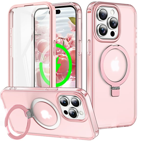 Ancove for iPhone 15 Pro Max Case with Invisible Magnetic Stand, Compatible with Mag-Safe Military-Grade Protection with Built-in Screen Protector, Shockproof Phone Case for Women Men,Pink