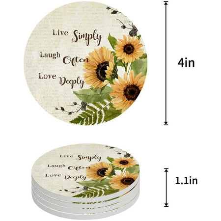 

ZHANZZK Sunflowers Live Simply Laugh Often Love Deeply Old Newspaper Set of 6 Round Coaster for Drinks Absorbent Ceramic Stone Coasters Cup Mat with Cork Base for Coffee Table Bar Decor