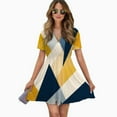 thumbnail image 2 of Abstract Geometric Yellow Blue Art Women Dress V-Neck Short Sleeve Flowy Swing Party Midi Dress, 2 of 4