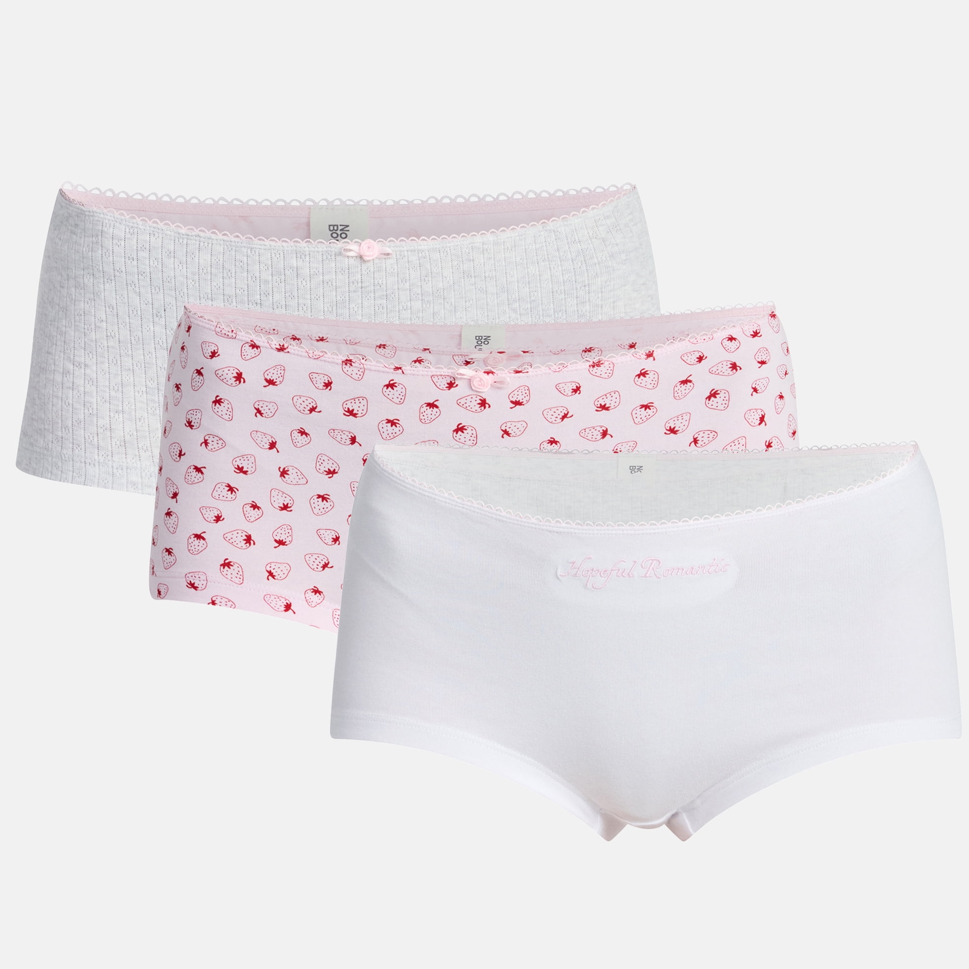Vivid White Emb, Platinum Silver Pointelle, Delicate Pink Strawberry