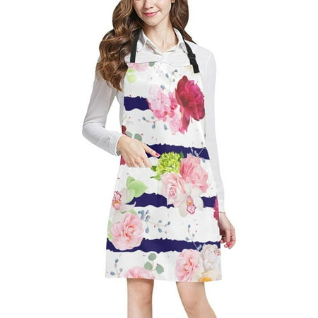 

ASHLEIGH Striped Print With Roses Floral Adjustable Bib Apron with Pockets Commercial Restaurant and Home Kitchen Apron for Women Men