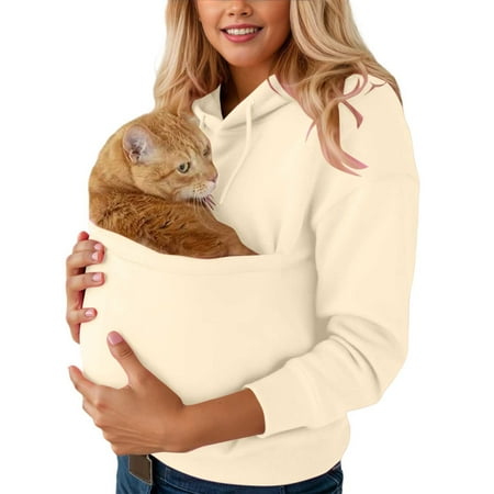 Women s Pullover Hoodies with Cat Pocket - Cute Jumper with Pet Bag - Long Sleeve Plus Size Cat Dog Carrier Sweater Top with Pouch for Pets Beige S