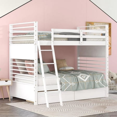 Twin over Twin Bunk Bed Solid Wood Bunk Bed Frame with Guardrails and 2 Storage Drawers Convertible Bunk Bed for Kids Teens Adults Space Saving White