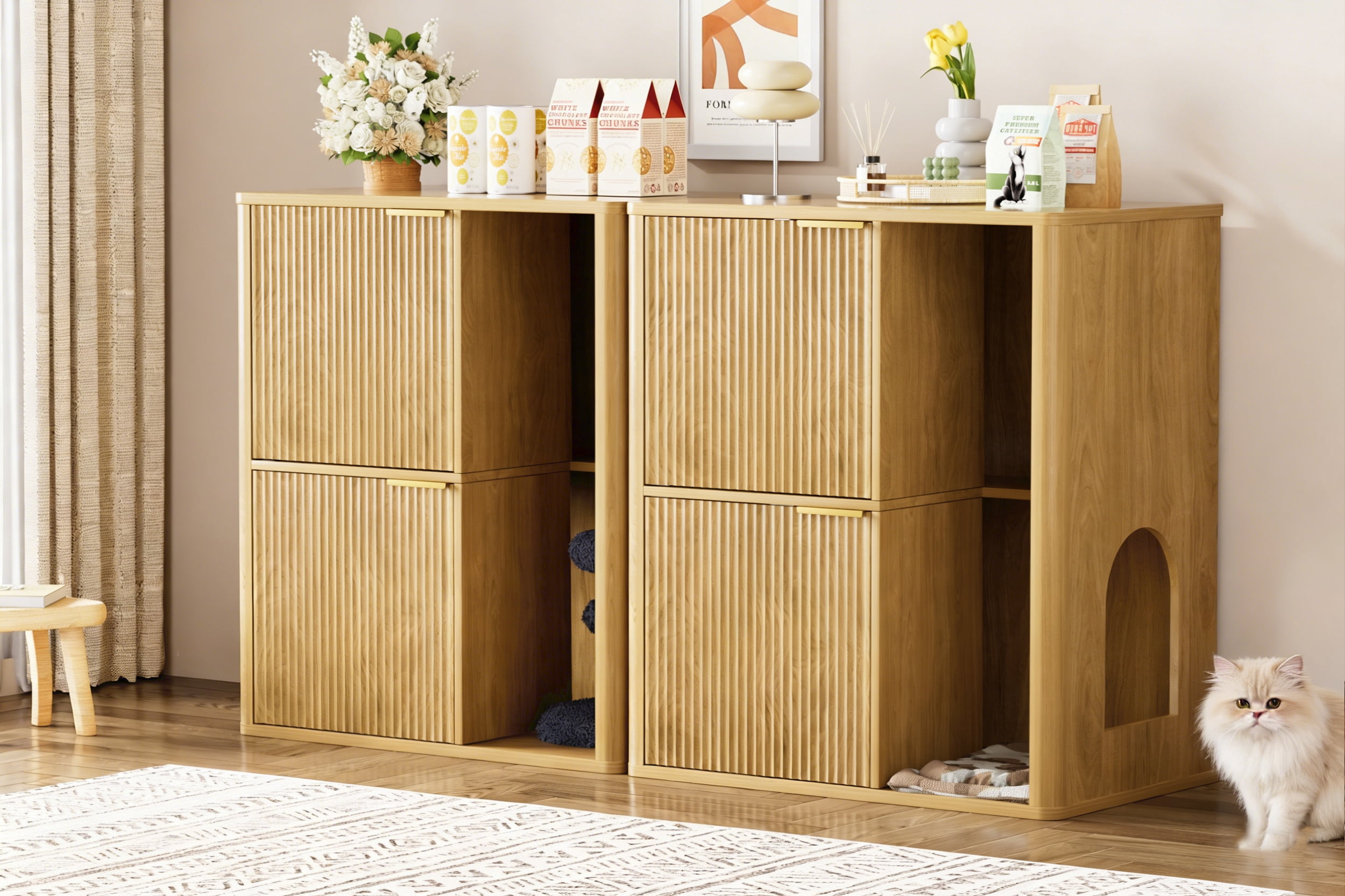 Cat Litter Cabinet with Cat Tree, Concealed Litter Box Enclosure with Dual Doors, Scratching Post and Storage Shelves, Stylish Pet Furniture for Living Room Bedroom