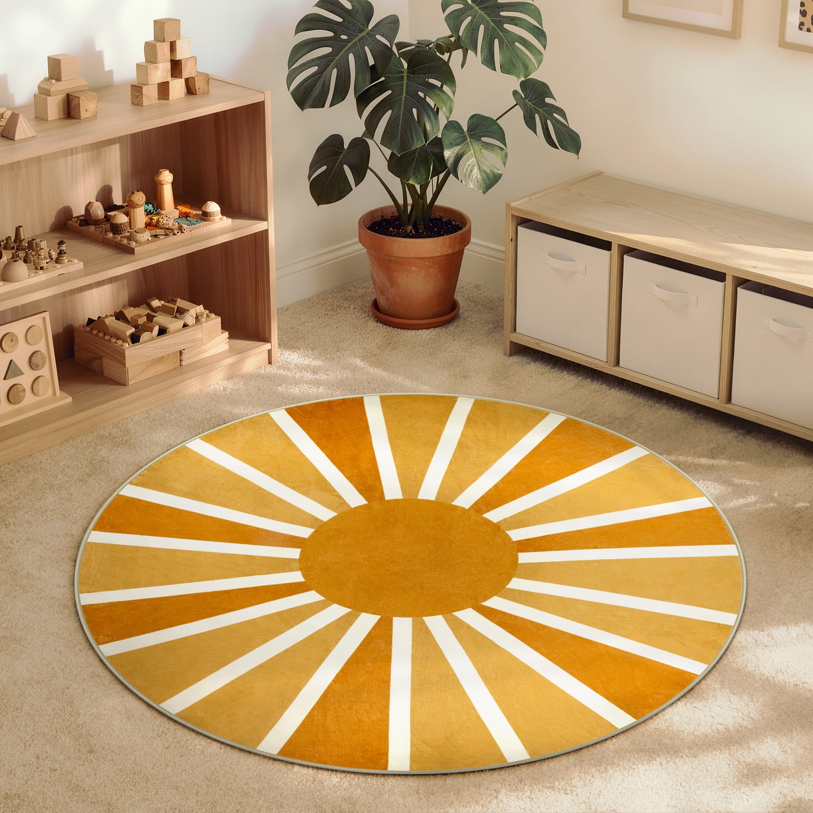 Lahome Boho Round Rugs,4ft Washable Non-Slip Small Round Area Rug Throw Soft Sofa Kids Nursery Room Rug Rainbow Sun Print Distressed Round Carpet for Bedroom Entryway Living Room Dining Room