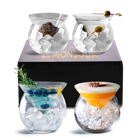 LEMONSODA Stemless Martini Glasses with Chiller - Elegant Cocktail Glass Set with Cavier Server Bowl - Beautiful Bar Martini Gift Set for Margarita, Cosmopolitan, Manhattan Cocktails (Set of 4)