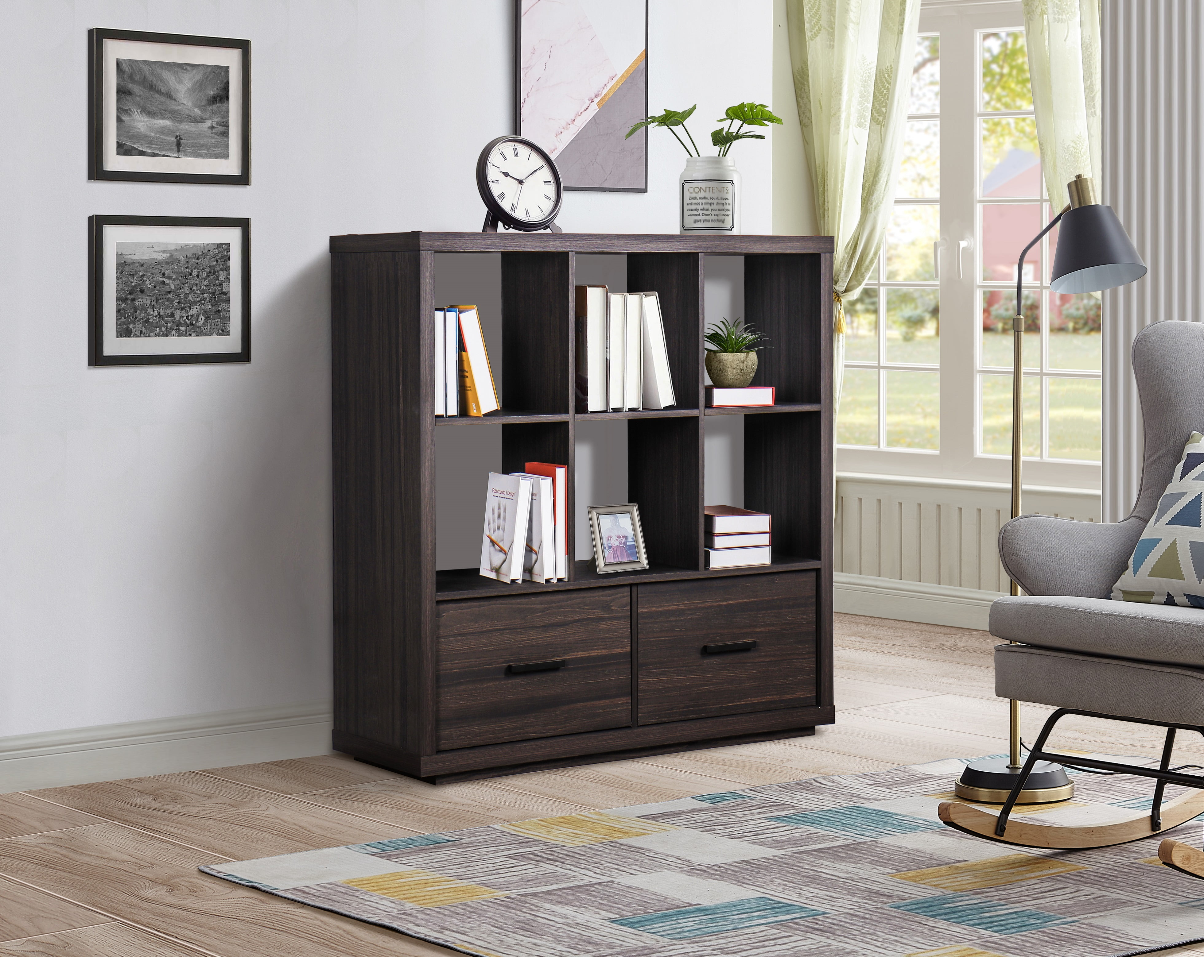 Better Homes Gardens Steele 6 Cube Storage Bookcase Organizer with Drawers Tobacco Oak Finish Walmart