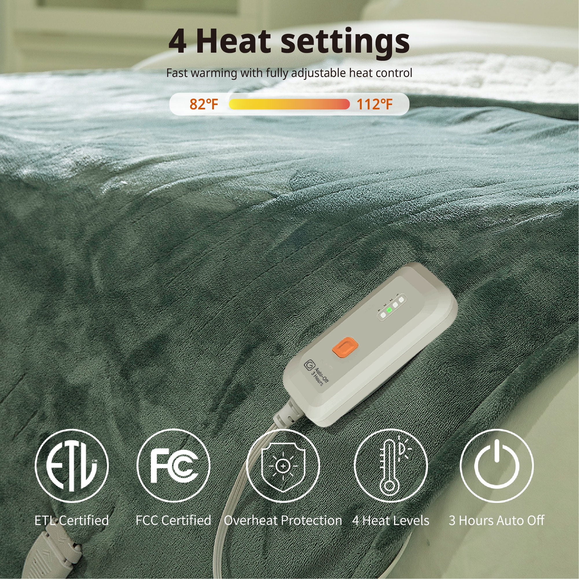 GOTCOZY Heated Blanket Electric Throw 50''X60'' with 4 Heating Level & 3 Hour Auto Off,Machine Washable - Green