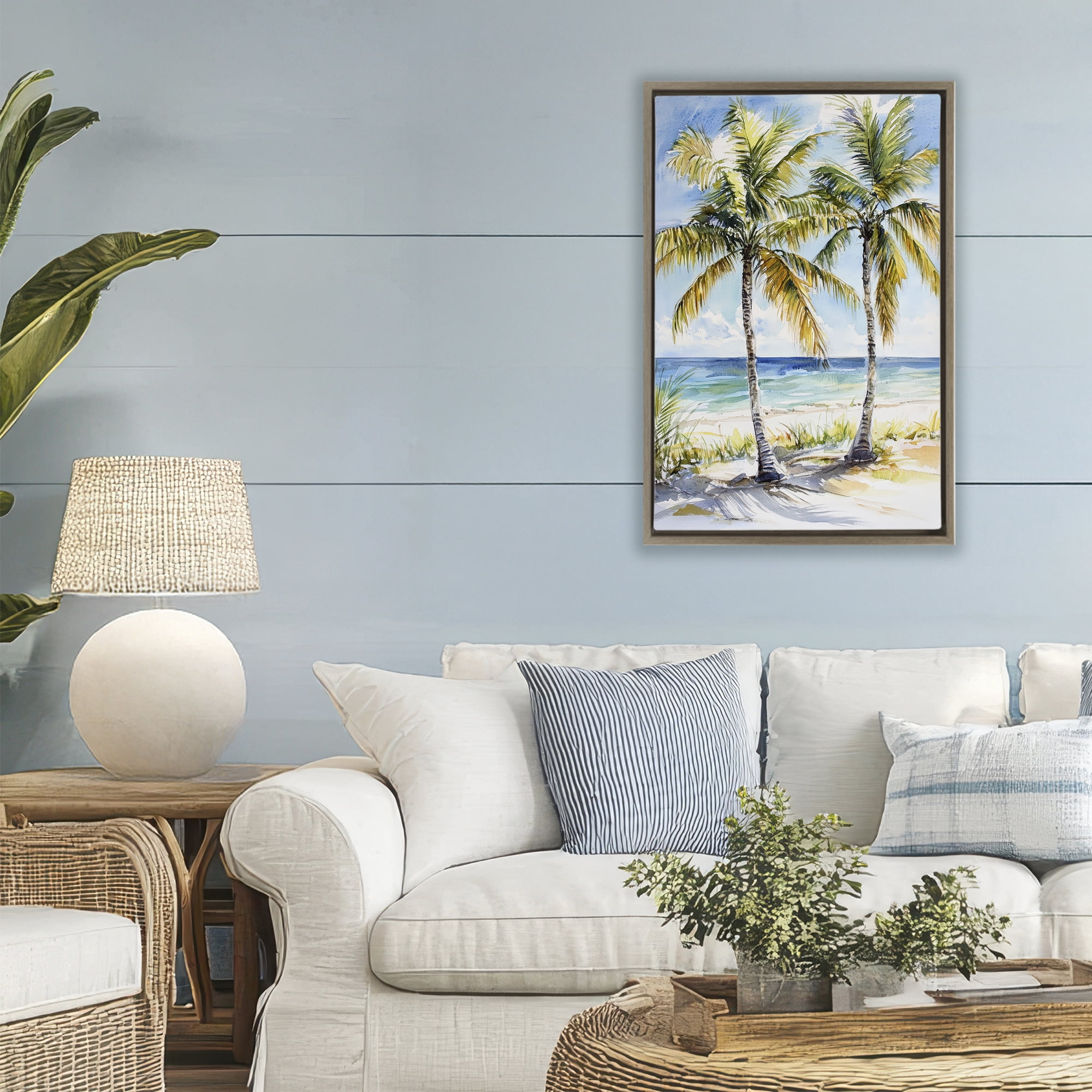 Stupell Industries Sandy Palms Duo Ocean View Brown Framed Floater Canvas Wall Art, design by Petal Prints Design
