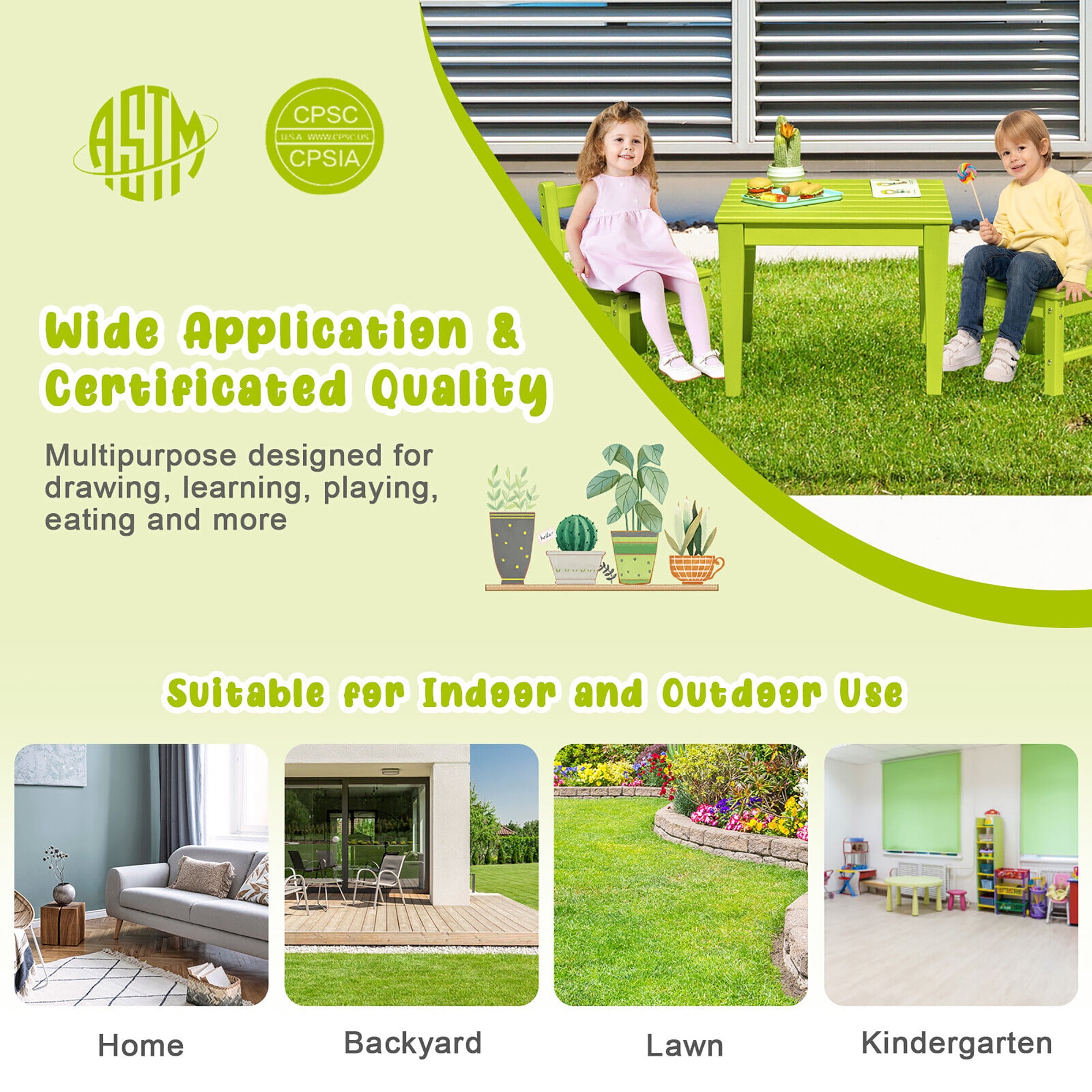 Gymax Kids Square Table Indoor Outdoor Heavy-Duty All-Weather Activity Play Table Green