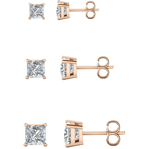 Savlano 3 Pair 14K Gold Plated Cubic Zirconia Princess Cut Stud Earrings Comes In 4mm, 6mm & 8mm For Women & Men
