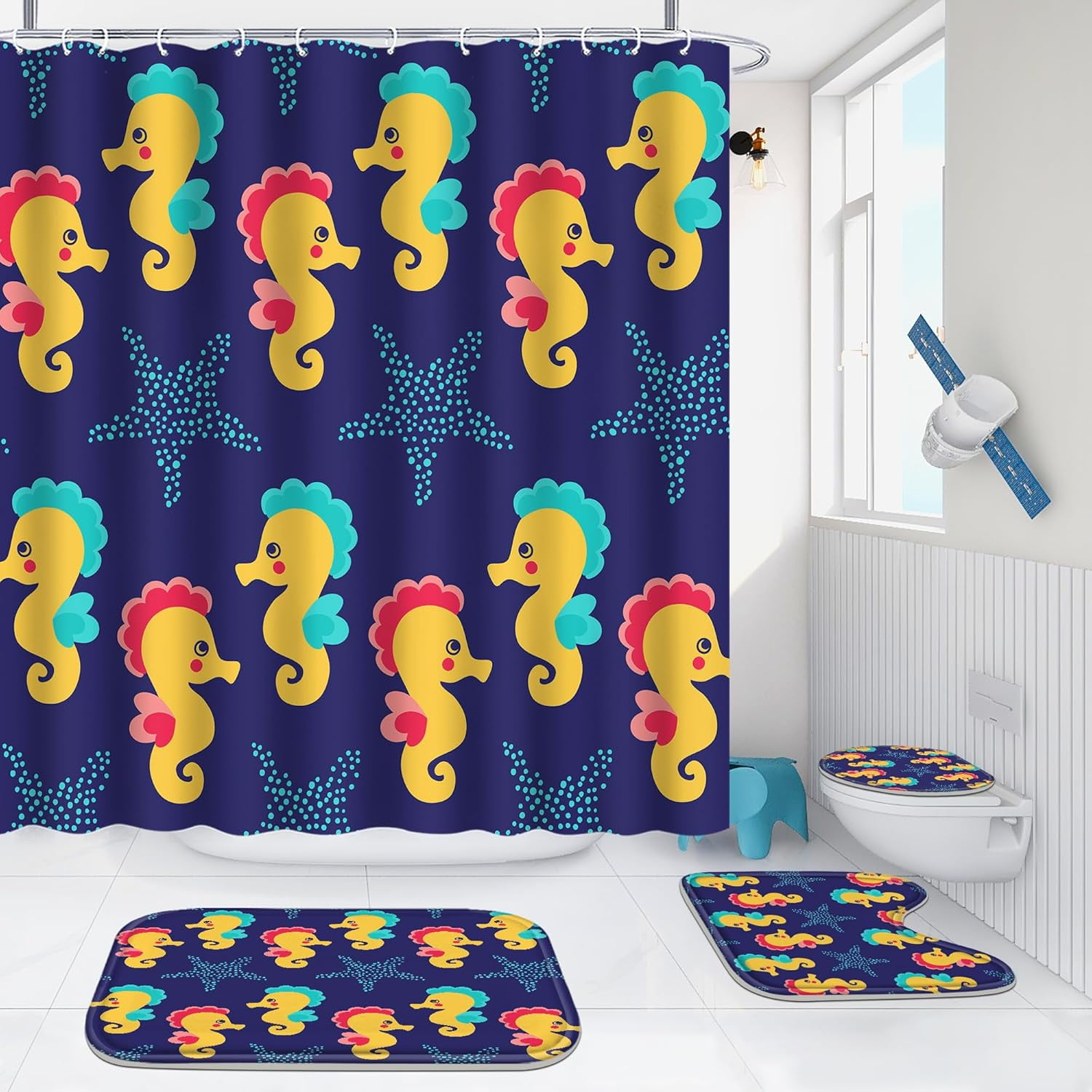 4 Pcs Bathroom Shower Curtain Set,Kid's Bathroom Set,Baby Octopus Shower Curtain Sets with Rugs(Bath Mat,U Shape and Toilet Lid Cover Mat) and 12 Hooks