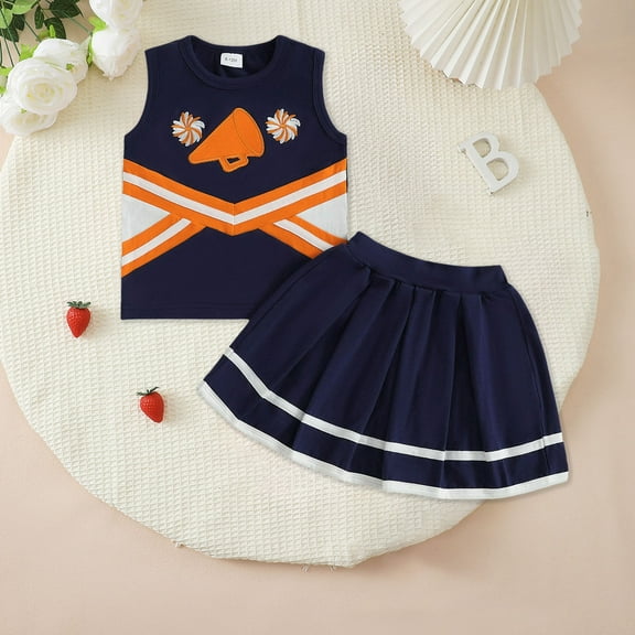 Girls 2 Piece Outfits Toddler Baby Girl Cheerleader Outfit Long Sleeve Shirt Tops Pleated Skirt Set Cheer Uniform Football Clothes Fall