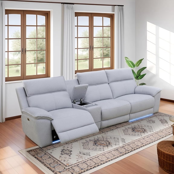 TAORUIFANG Power Recliner Sofa Set Grey White Top Lambswool 4-Piece Sectional Couch Living Room Furniture Set for Home, Office and Apartment