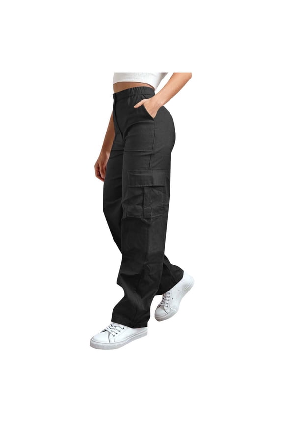 Cargo Pants Petite Women - Elastic High Waisted Pant Multi Pockets Wide Leg Baggy Casual Trousers Streetwear Black,M