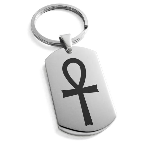 Stainless Steel Egyptian Ankh Cross Engraved Dog Tag Keychain Keyring