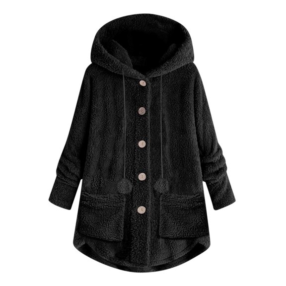 Baqcunre Women's Clothing, Womens Solid Color Long Sleeve Fleece Outerwear Button Hooded Warm Plush Long Coat with Pockets Valentines Day Gifts, 1Pc Top Black L