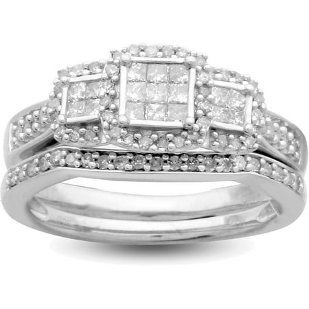 Forever Bride 1/2 Carat T.W Diamond 3 Stone Quad Bridal Set in Sterling Silver