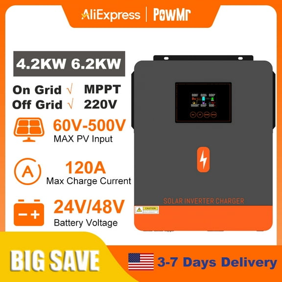 6.2KW 4.2KW Hybrid Solar Inverter On Grid Pure Sine Wave Inverter 24V 48V 230V Dual Output with MPPT 120A Solar Charger
