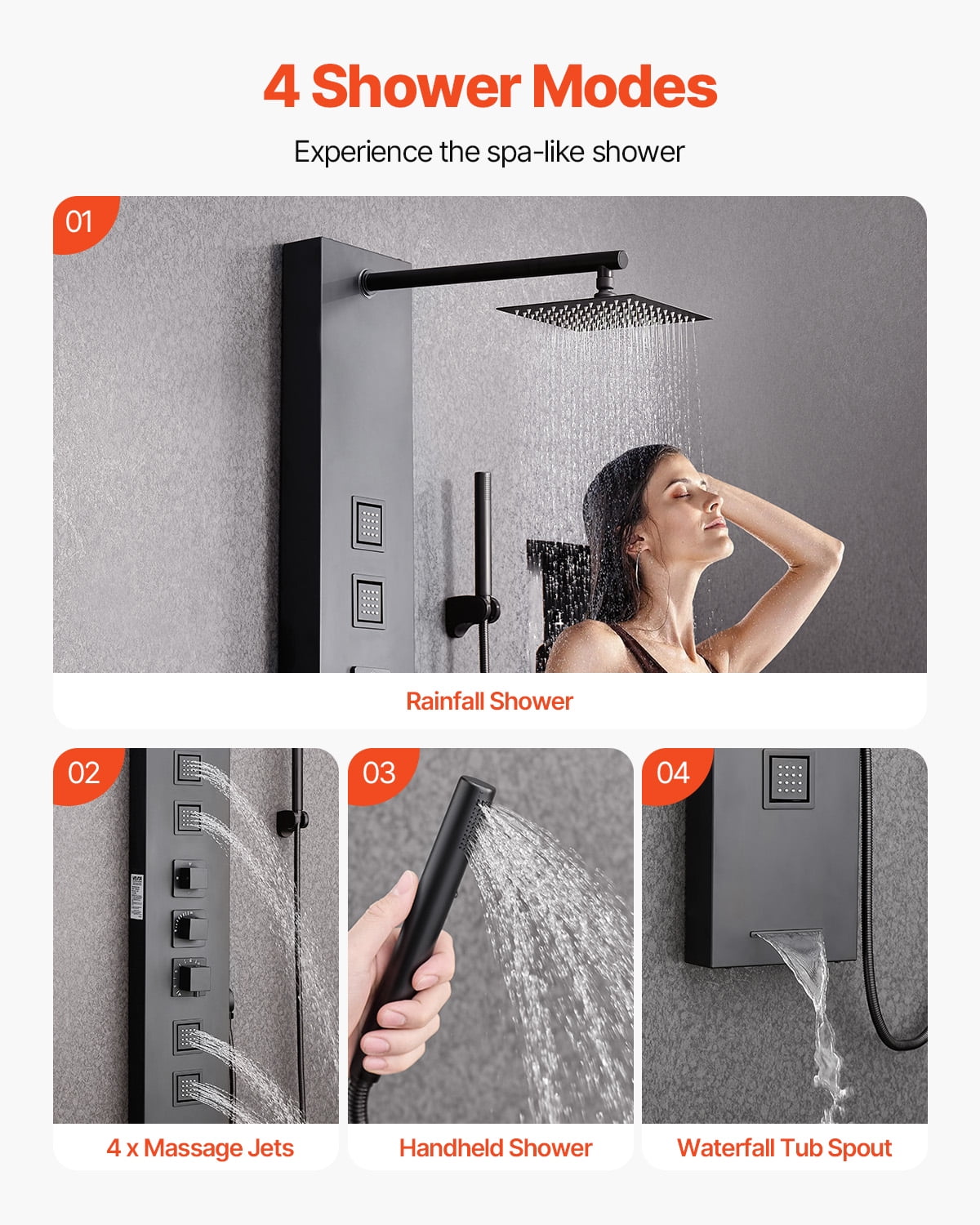 VEVOR Shower Panel Tower System with Rainfall Shower Head, 49 in Brushed Stainless Steel Shower Column, 4-Function Faucet, Wall-Mount Rain Massage System,with 4 Body Jets, Handheld,and Tub Spout