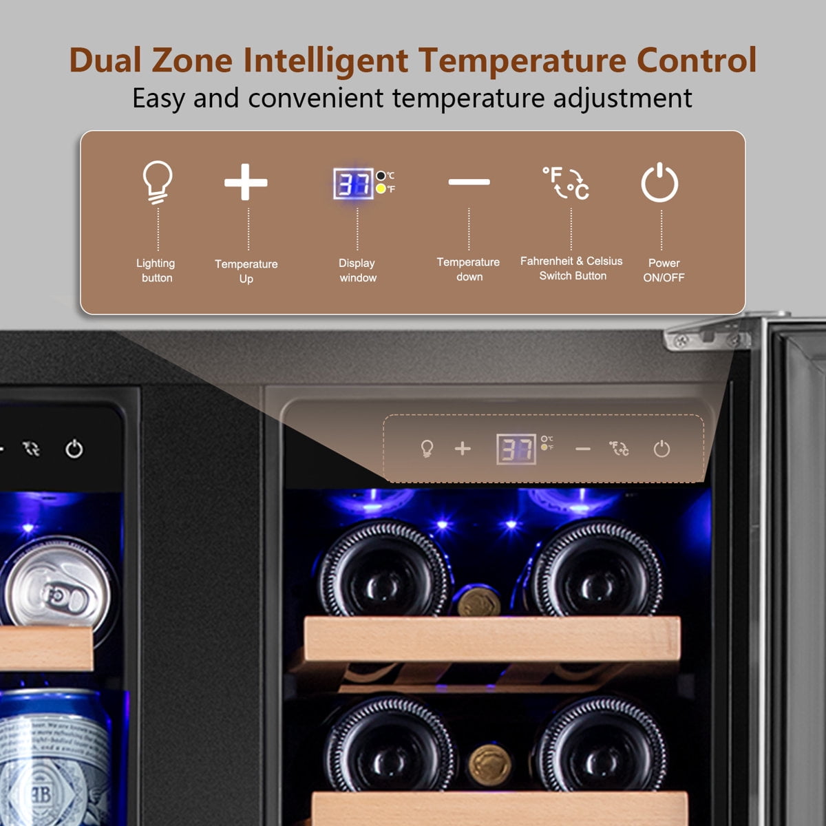 24" Wine and Beverage Refrigerator 20 Bottle 60 Can Dual Zone Built-In/Freestanding Classic Beverage Wine Cooler