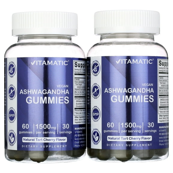 2 Pack Vitamatic Ashwagandha Gummies 1500mg per Serving - 60 Vegan Gummies - 3% Withanolides - Promotes Stress Relief Naturally, Relaxation, Calmness & Immune Health (Total 120 Gummies)