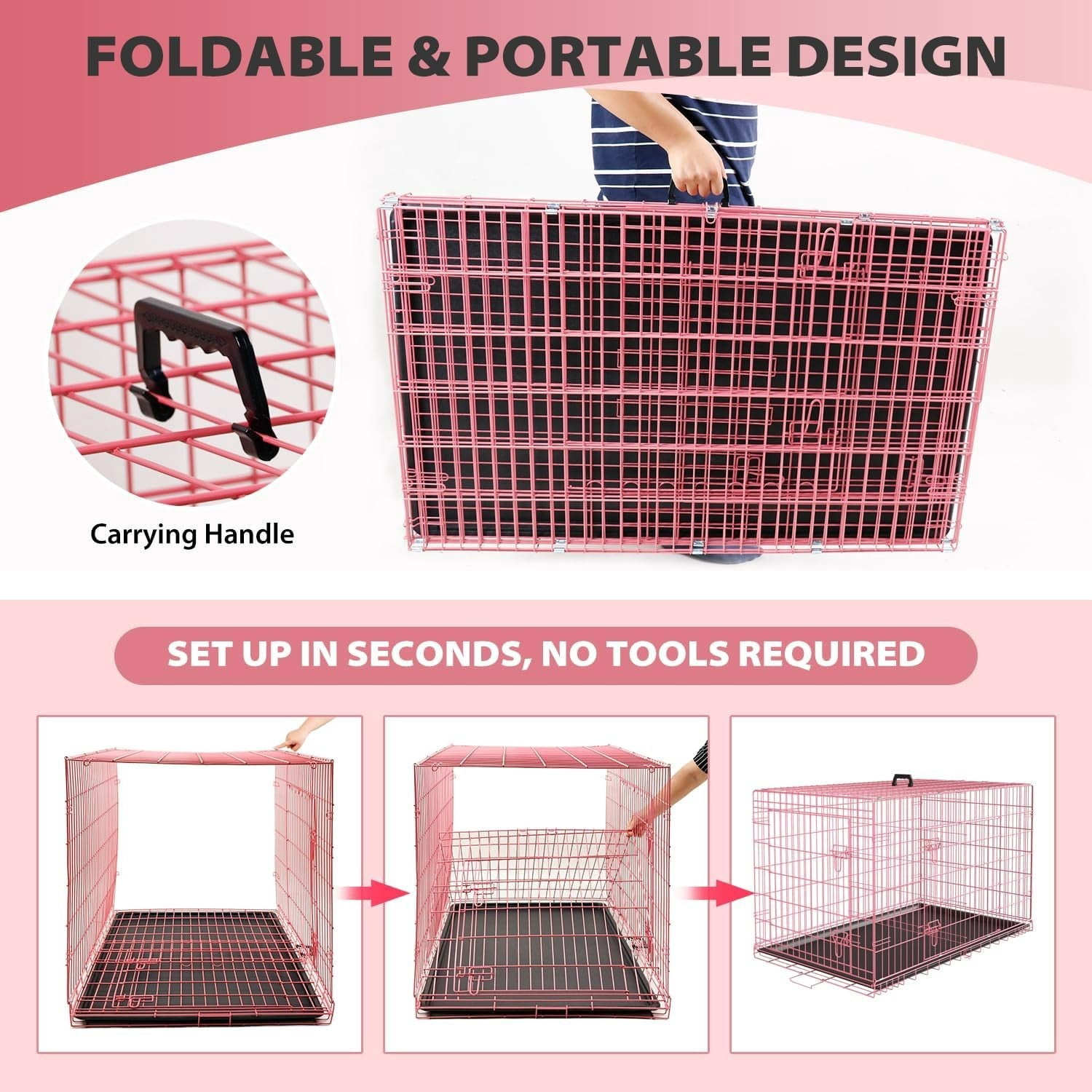 Extra Large Dog Crate Dog Kennel Cage with Double Door,30 inch Folding Metal Wire Dog Cage with Removable Tray&Divider Panel,Pet Crate for Large Dogs,Pink