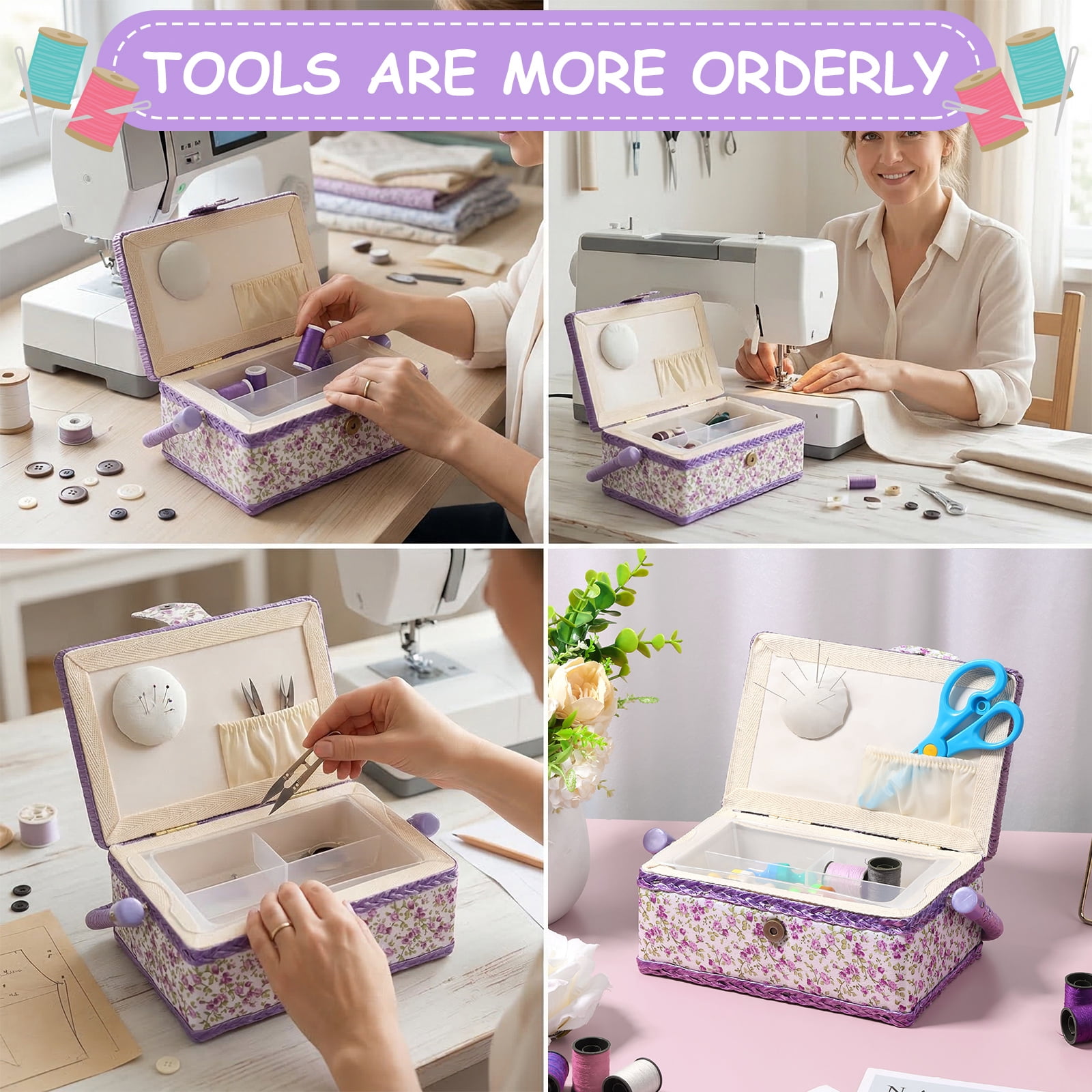Atopoler Floral Sewing Basket,Vintage Wood Sewing Box with Tray and Handle for Traveling Beginner Professional,No Accessories,Purple Color
